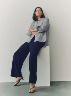 Donkerblauw - Broek met wijde pijpen en elastiek in de achterkant