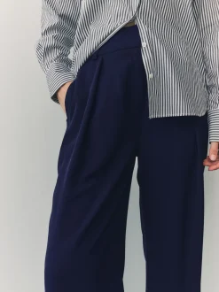 Donkerblauw - Broek met wijde pijpen en elastiek in de achterkant