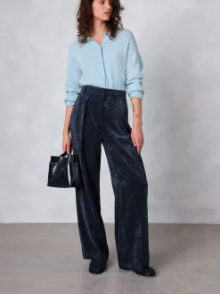 Donkerblauw - Corduroy broek met wijde pijpen