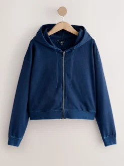 Donkerblauw - Denim Jersey Zip Through Hoodie