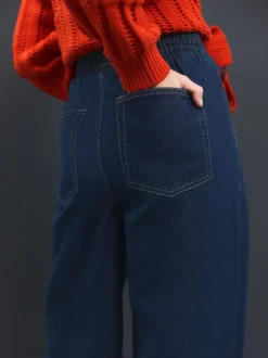 Donkerblauw - Denim joggingbroek met plooitjes en wijde pijpen