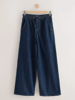 Donkerblauw - Denim joggingbroek met plooitjes en wijde pijpen
