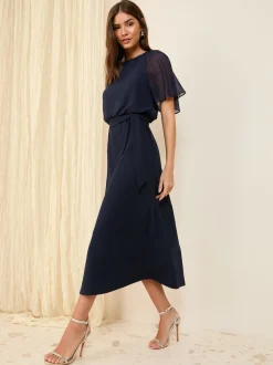 Donkerblauw - Friends Like These scuba chiffon midi-jurk met fladdermouwen