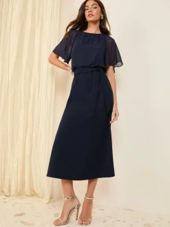 Donkerblauw - Friends Like These scuba chiffon midi-jurk met fladdermouwen
