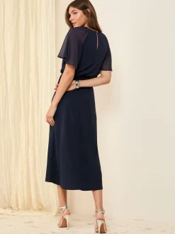 Donkerblauw - Friends Like These scuba chiffon midi-jurk met fladdermouwen