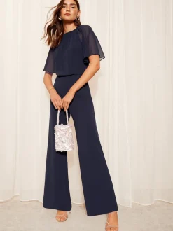 Donkerblauw - Friends Like These Chiffon Flutter Sleeve Scuba Jumpsuit