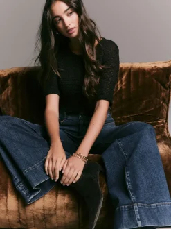 Donkerblauw - High Rise stretchy Jeans met wijde pijpen