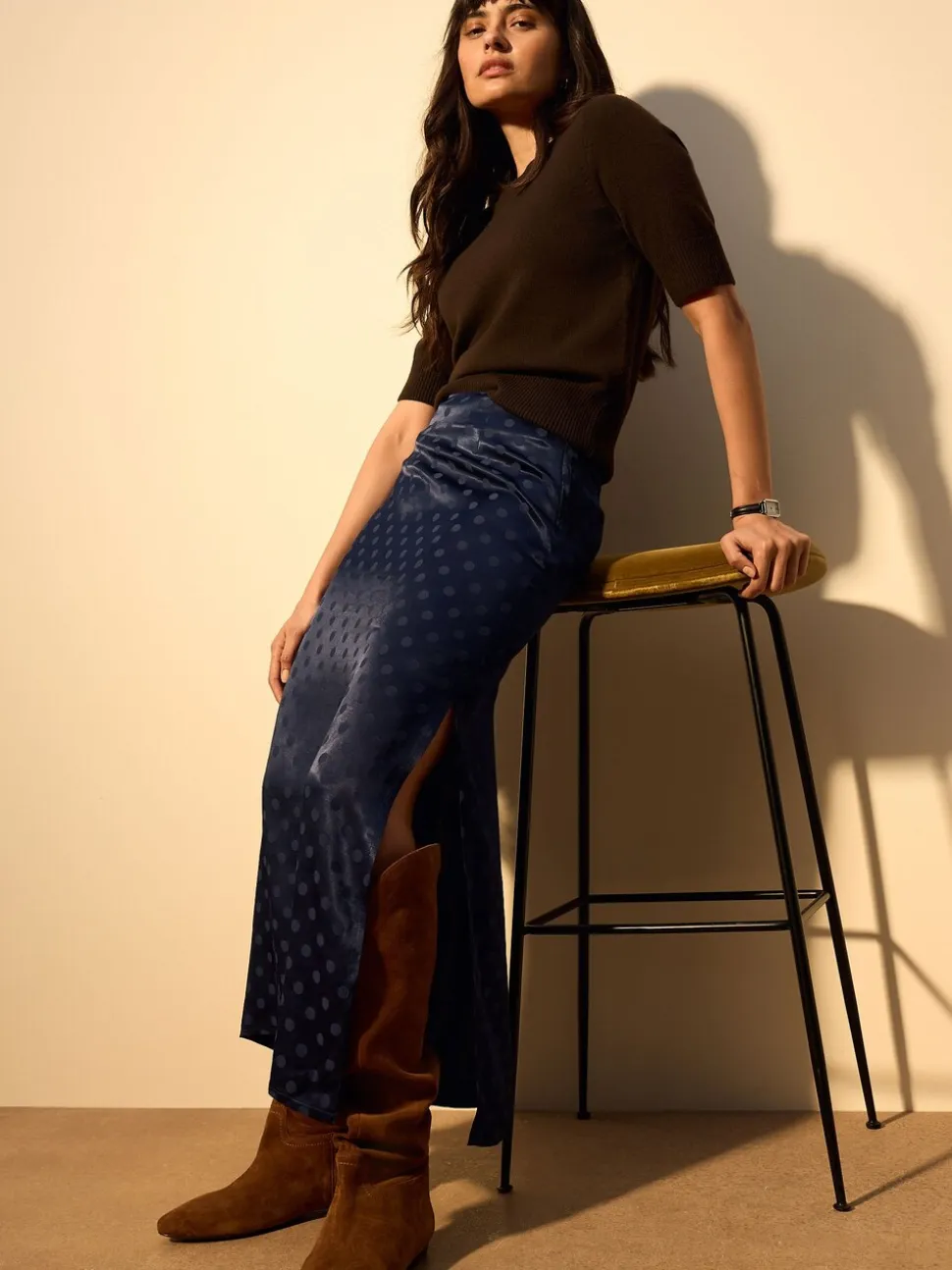 Donkerblauw - Jacquard Polka Dot Satin Skirt