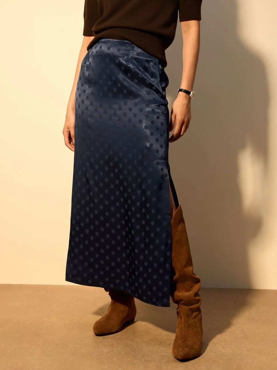 Donkerblauw - Jacquard Polka Dot Satin Skirt