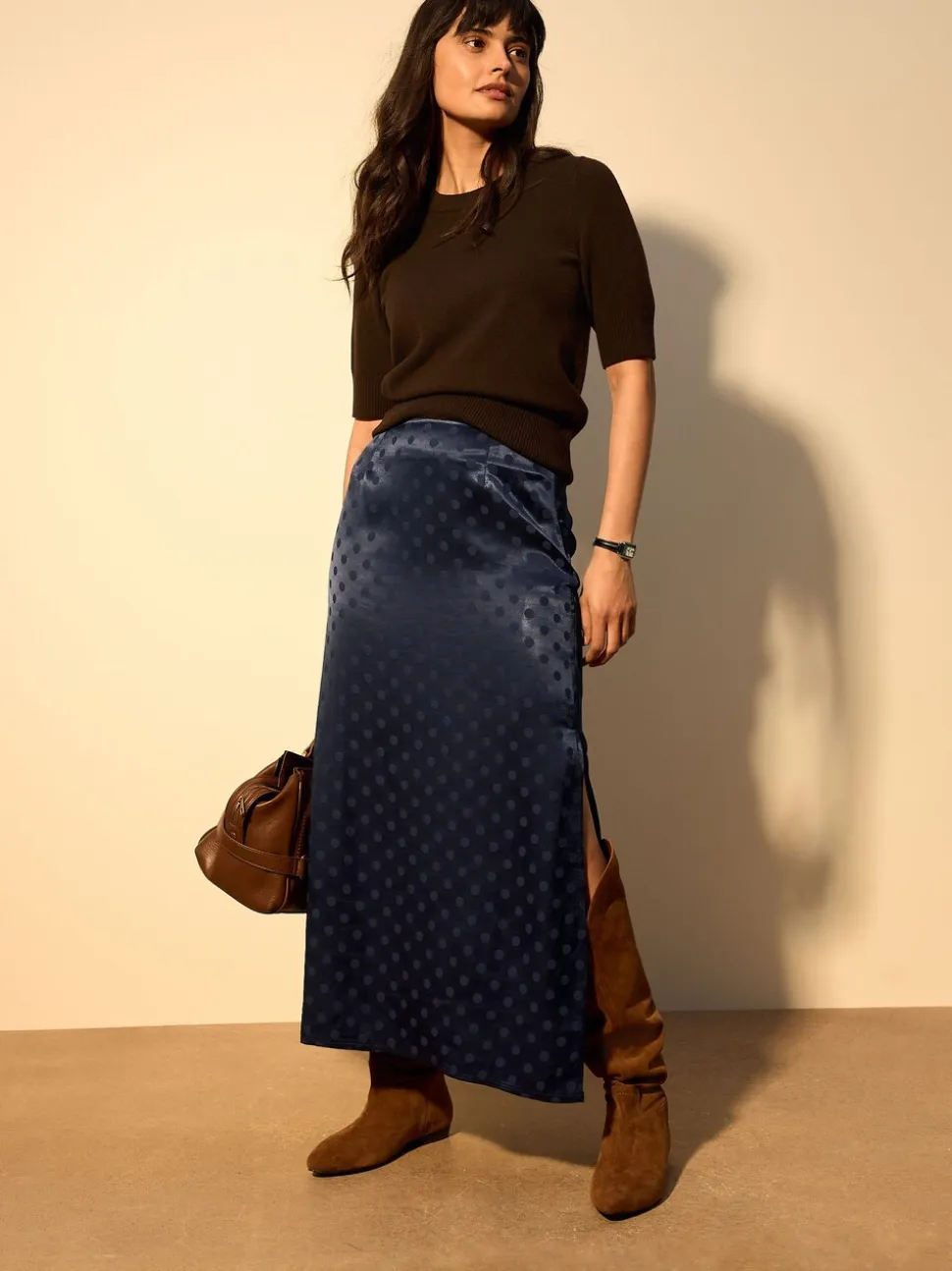 Donkerblauw - Jacquard Polka Dot Satin Skirt