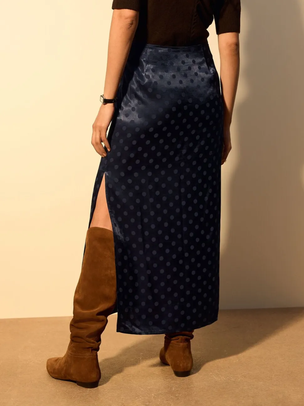Donkerblauw - Jacquard Polka Dot Satin Skirt