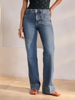 Donkerblauw - Jeans met wijde pijpen en opgestikte zakken