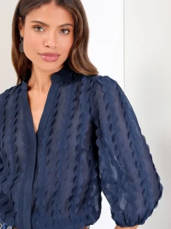 Donkerblauw - Lipsy 3D Stoffen opa-kraag Korte mouwen overhemd