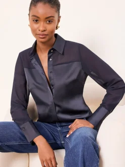 Donkerblauw - Lipsy Long Sleeve Satin Chiffon Mix Shirt