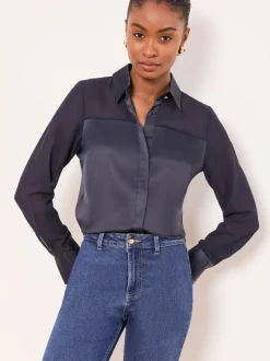 Donkerblauw - Lipsy Long Sleeve Satin Chiffon Mix Shirt