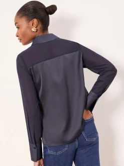 Donkerblauw - Lipsy Long Sleeve Satin Chiffon Mix Shirt