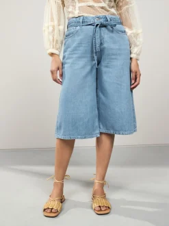 Donkerblauw - Lyocell Mix Denim shorts met stropdas