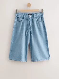 Donkerblauw - Lyocell Mix Denim shorts met stropdas