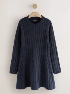 Donkerblauw - Mini-trui-jurk met kabelpatroon