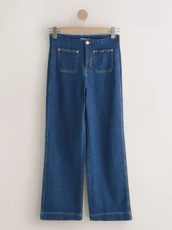 Donkerblauw - N Premium Hoog-Rijzige Comfort stretchy Jeans met Opgestikte Zakken en Wijde Pijpen