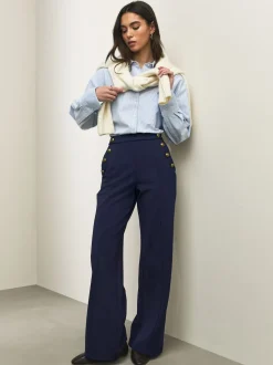 Donkerblauw - Ponte Broek met Wijde pijpen en goudkleurige knoopdetails