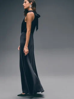 Donkerblauw - Satijnen halter mouwloze midi-jurk met textuur