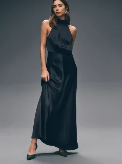 Donkerblauw - Satijnen halter mouwloze midi-jurk met textuur
