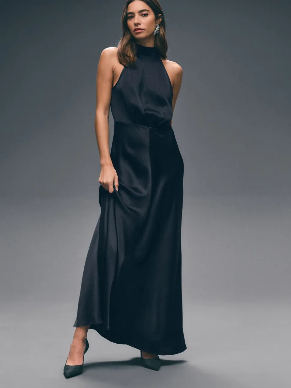 Donkerblauw - Satijnen halter mouwloze midi-jurk met textuur