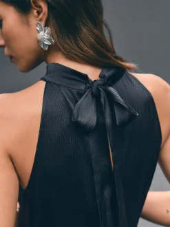 Donkerblauw - Satijnen halter mouwloze midi-jurk met textuur