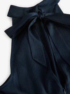 Donkerblauw - Satijnen halter mouwloze midi-jurk met textuur