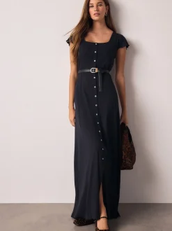 Donkerblauw - Short Sleeve Jersey Button Through Maxi Dress
