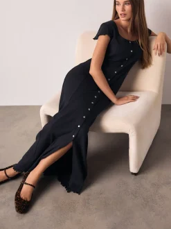 Donkerblauw - Short Sleeve Jersey Button Through Maxi Dress