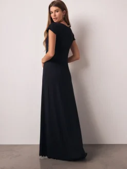 Donkerblauw - Short Sleeve Jersey Button Through Maxi Dress