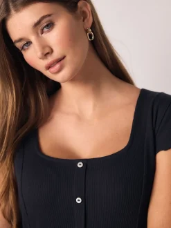 Donkerblauw - Short Sleeve Jersey Button Through Maxi Dress