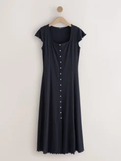 Donkerblauw - Short Sleeve Jersey Button Through Maxi Dress