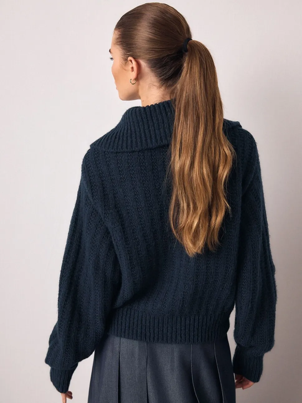 Donkerblauw - Stitchy Knitted Zip Up Collar Cardigan