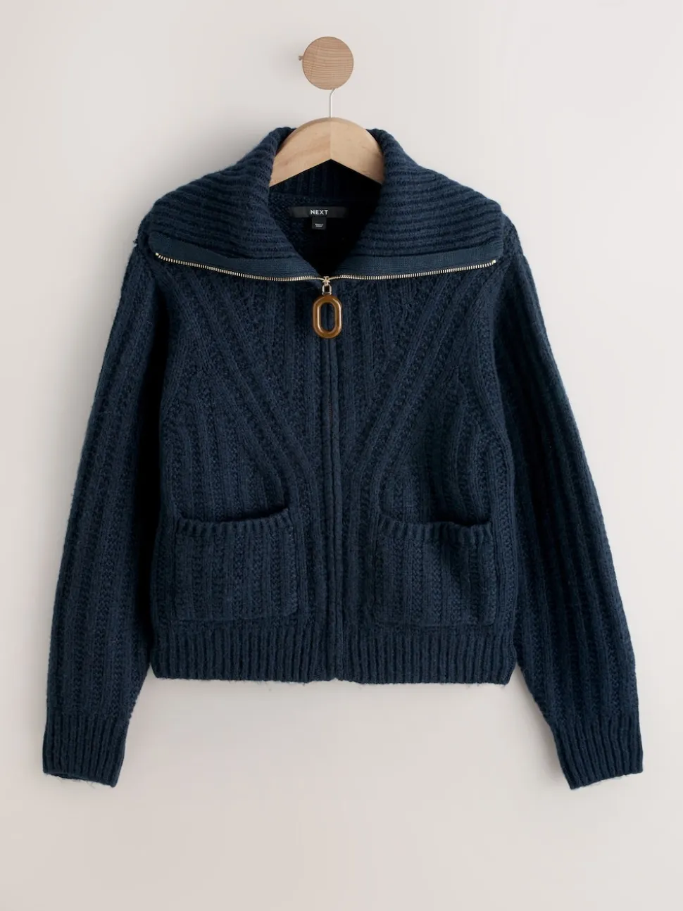Donkerblauw - Stitchy Knitted Zip Up Collar Cardigan