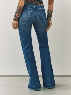 Donkerblauw - Stretch jeans met uitlopende pijpen en hoge taille