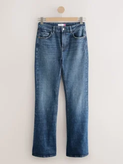 Donkerblauw - Stretch jeans met uitlopende pijpen en hoge taille