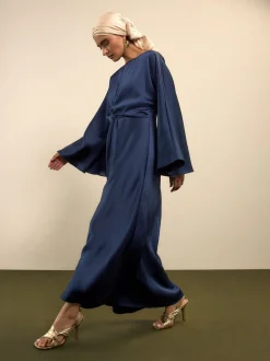 Donkerblauw - Twist Front Long Sleeve Satin Maxi Dress
