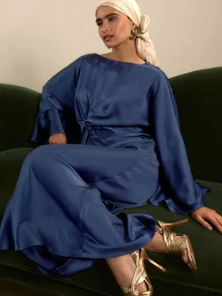 Donkerblauw - Twist Front Long Sleeve Satin Maxi Dress