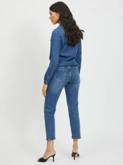 Donkerblauw - Vila dun overhemd van denim met zakdetail