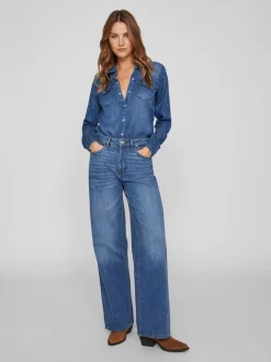 Donkerblauw - Vila dun overhemd van denim met zakdetail