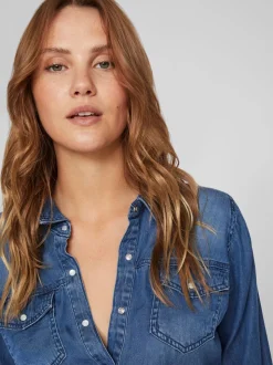 Donkerblauw - Vila dun overhemd van denim met zakdetail