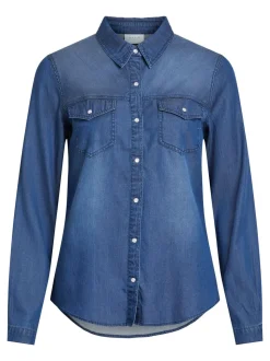 Donkerblauw - Vila dun overhemd van denim met zakdetail