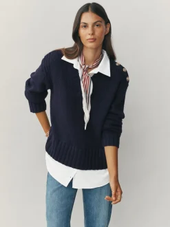 Donkerblauw - V-Neck Knitted Shirt Layer Look Jumper