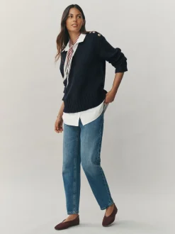 Donkerblauw - V-Neck Knitted Shirt Layer Look Jumper