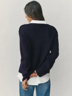 Donkerblauw - V-Neck Knitted Shirt Layer Look Jumper