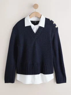 Donkerblauw - V-Neck Knitted Shirt Layer Look Jumper