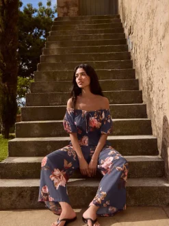 Donkerblauw/roze - Jumpsuit met blote schouder